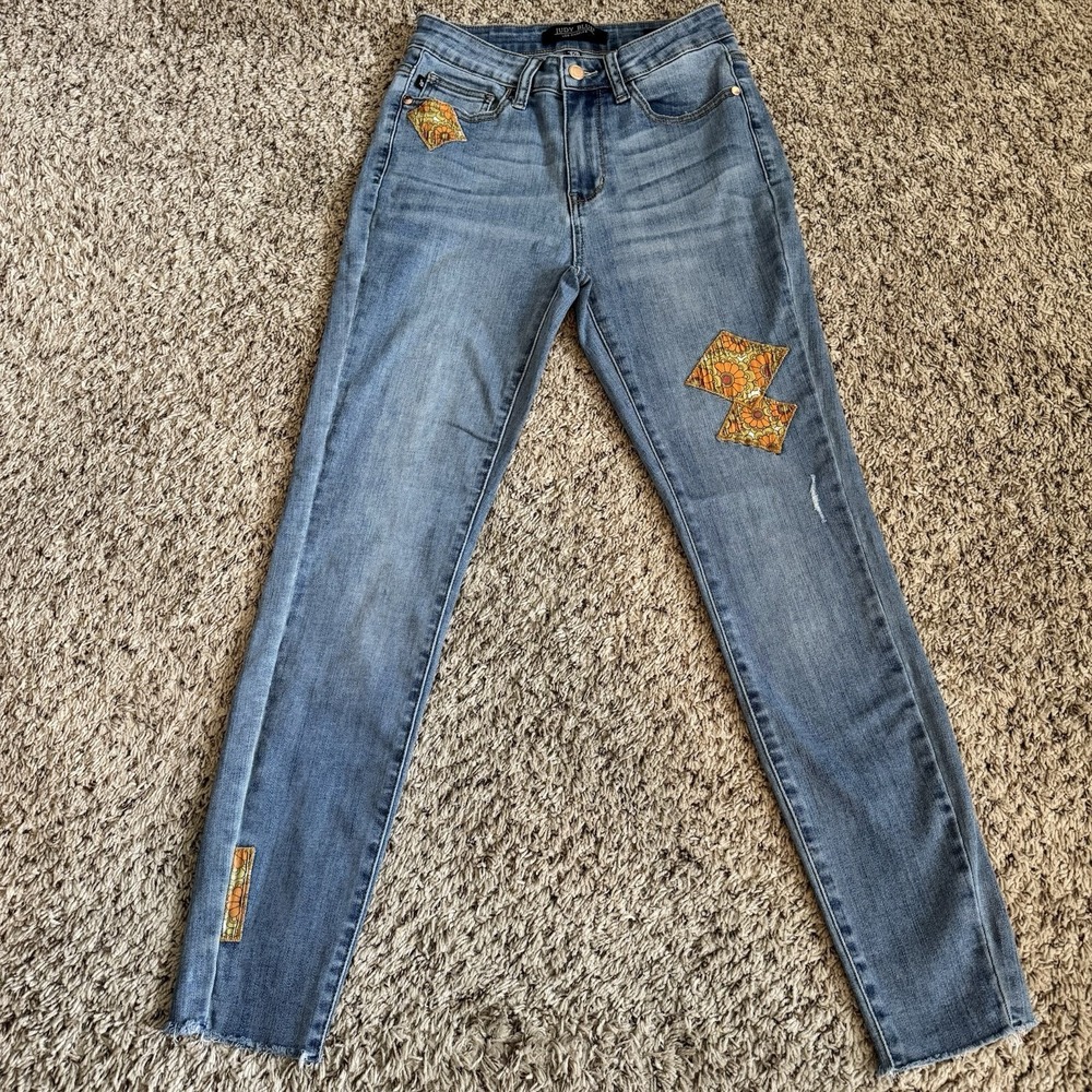Judy Blue Skinny Jeans Women's 3/26 Patchwork Stretch Denim Raw‎ Hem